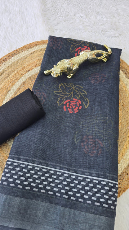 Soft Linen Cotton Floral Disign Saree