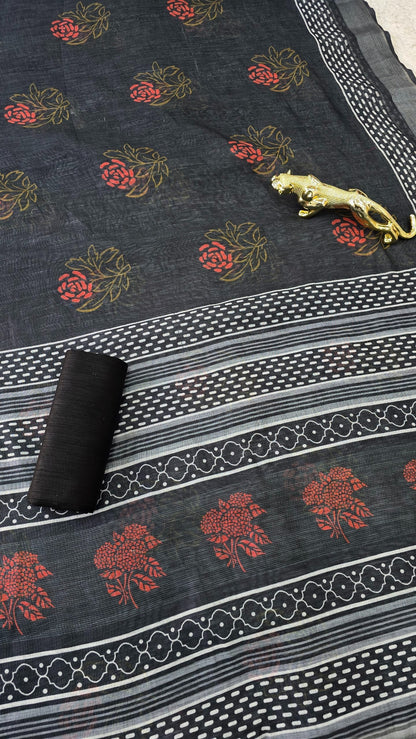 Soft Linen Cotton Floral Disign Saree