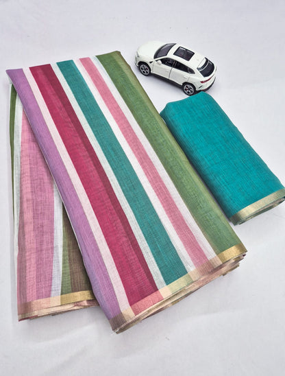Strip Design LInen Cotton Saree