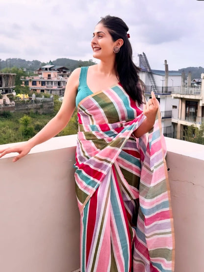 Strip Design LInen Cotton Saree