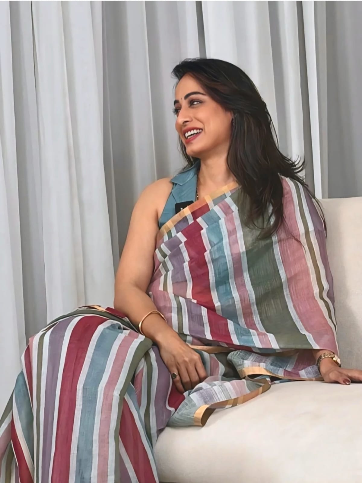 Strip Design LInen Cotton Saree