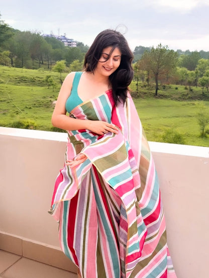 Strip Design LInen Cotton Saree