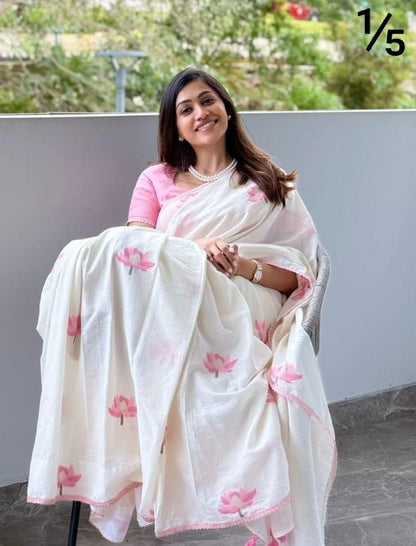 Soft Linen Cotton With Lace Broder Saree