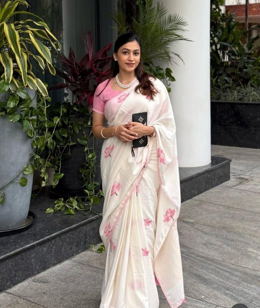 Soft Linen Cotton With Lace Broder Saree