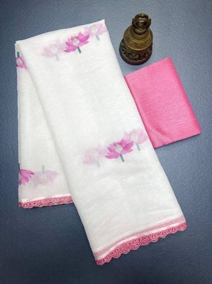 Soft Linen Cotton With Lace Broder Saree