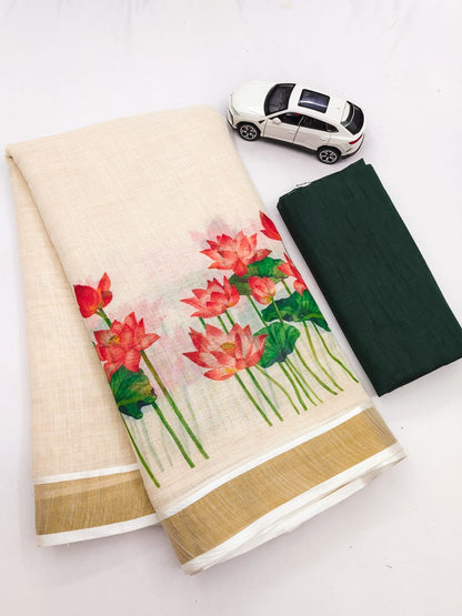 Gold Broder Linen Cotton Saree