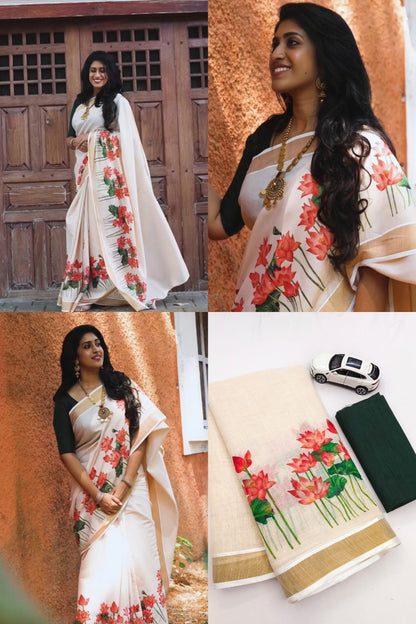 Gold Broder Linen Cotton Saree