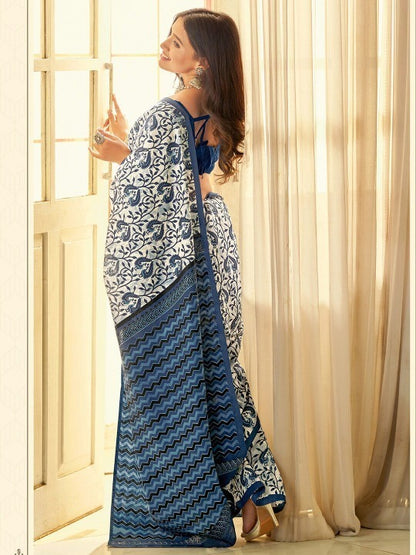 Blue Color Motif Design Linen Cotton Saree