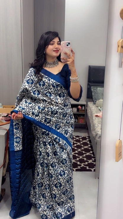 Blue Color Motif Design Linen Cotton Saree
