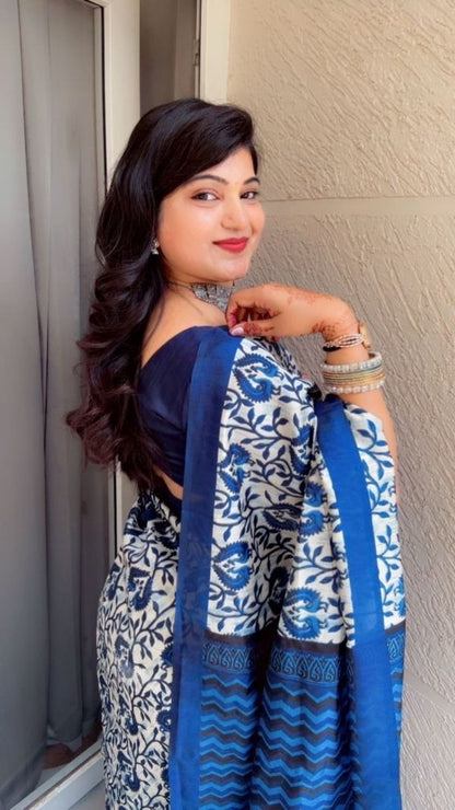 Blue Color Motif Design Linen Cotton Saree
