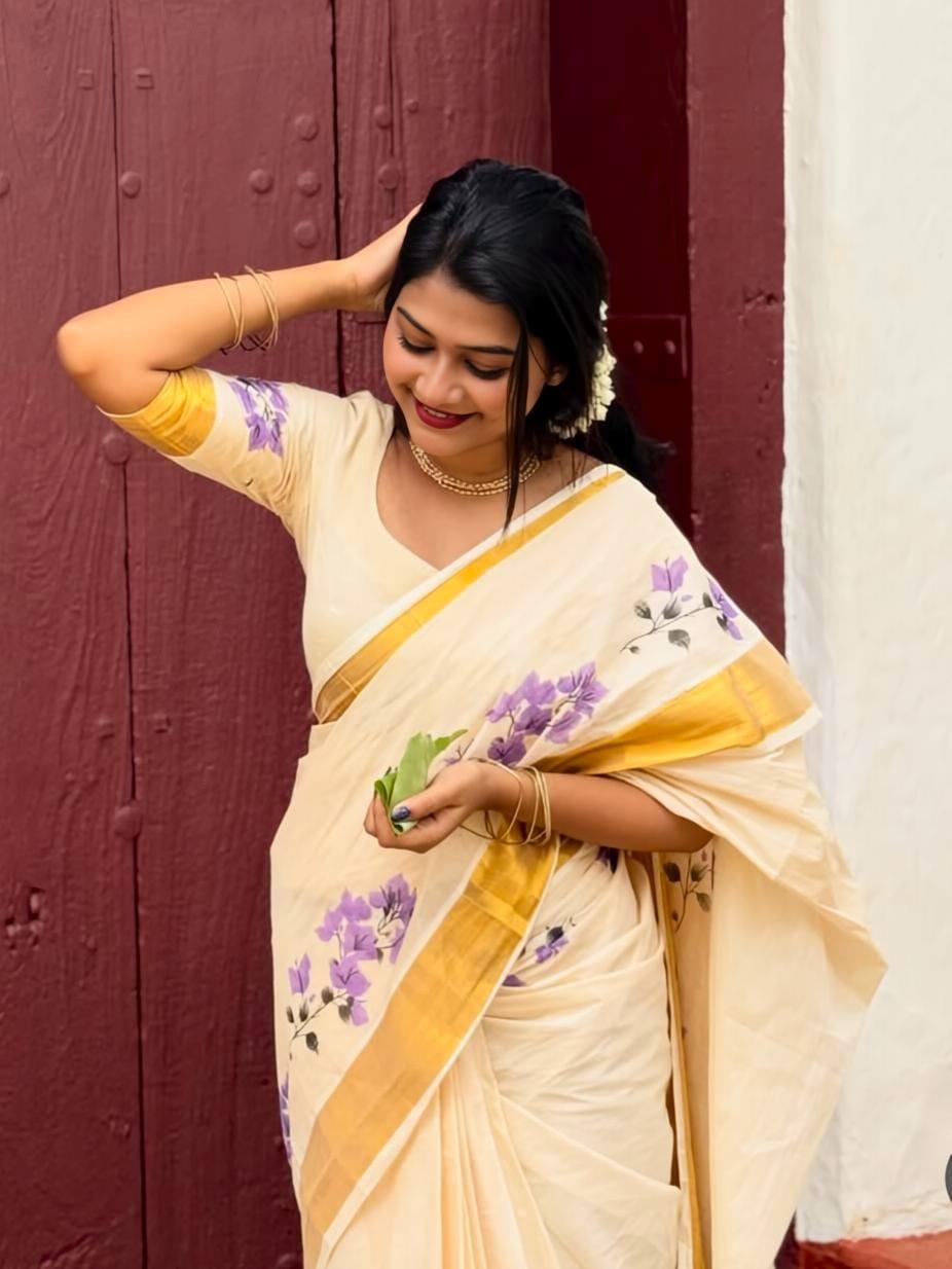 premium Design Golden Broder  LInen Cotton Saree