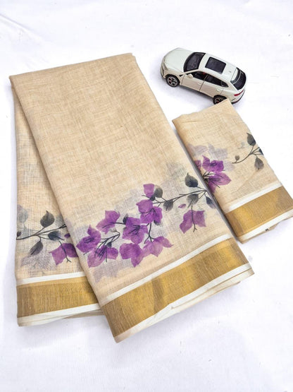 premium Design Golden Broder  LInen Cotton Saree