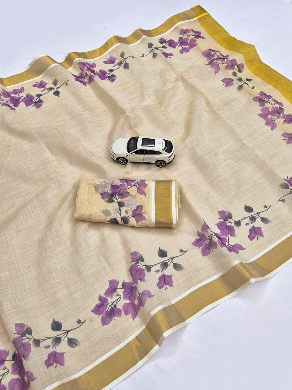 premium Design Golden Broder  LInen Cotton Saree