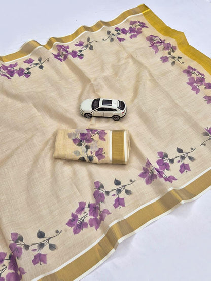 premium Design Golden Broder  LInen Cotton Saree