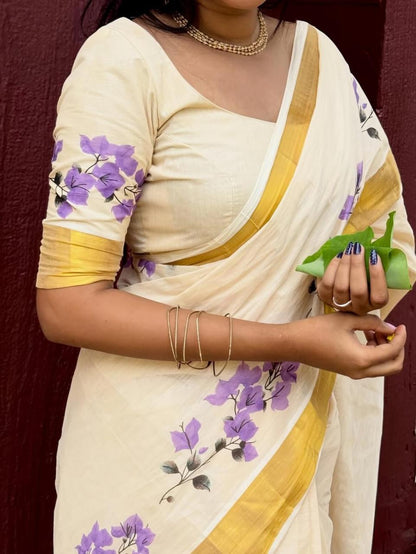 premium Design Golden Broder  LInen Cotton Saree