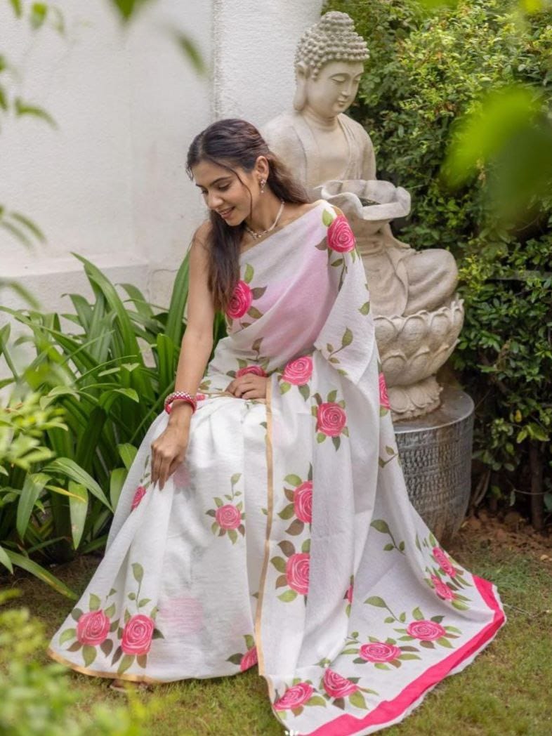 Pink Flower Design Linen Cotton Saree