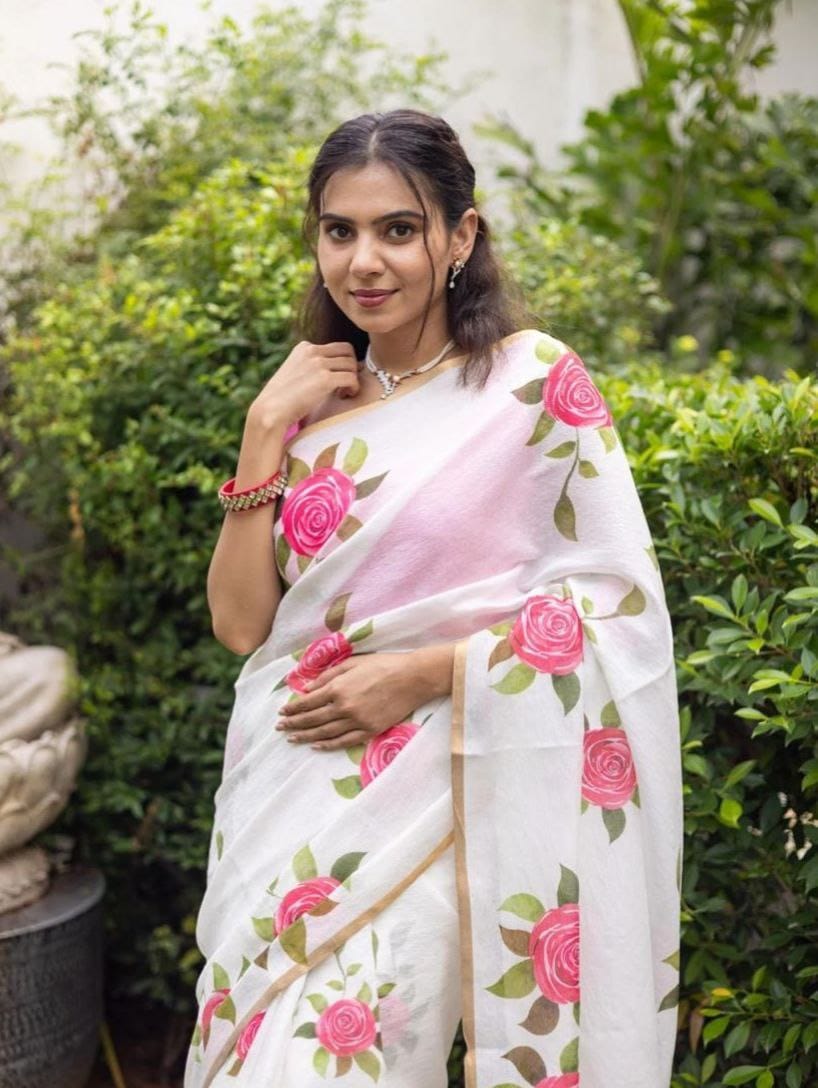 Pink Flower Design Linen Cotton Saree