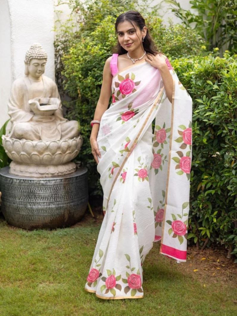 Pink Flower Design Linen Cotton Saree