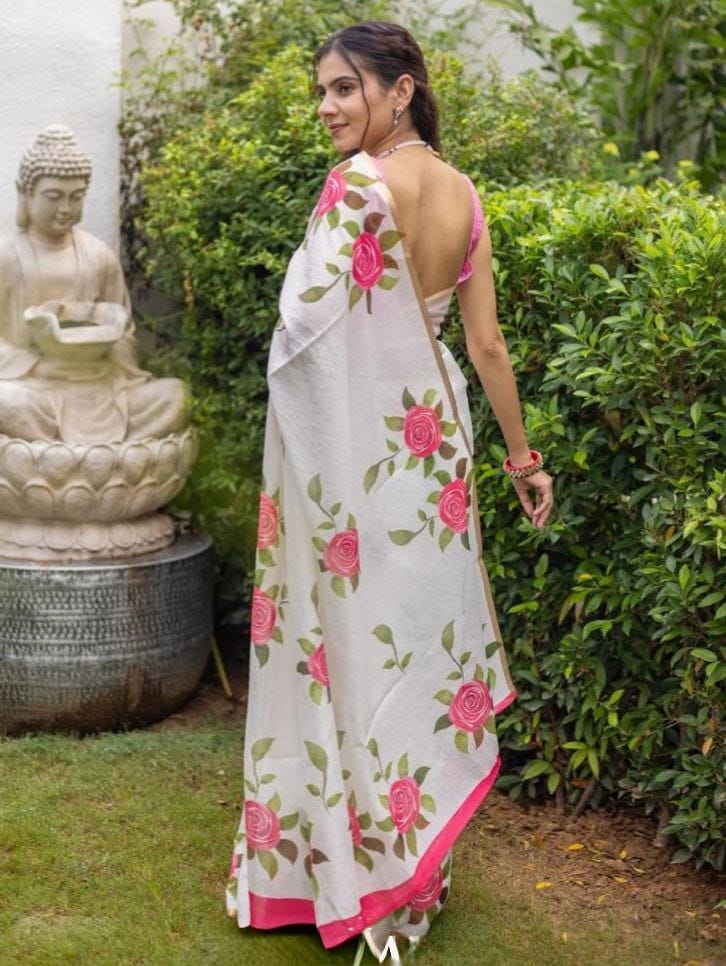 Pink Flower Design Linen Cotton Saree