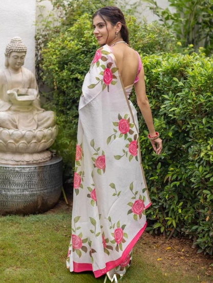 Pink Flower Design Linen Cotton Saree