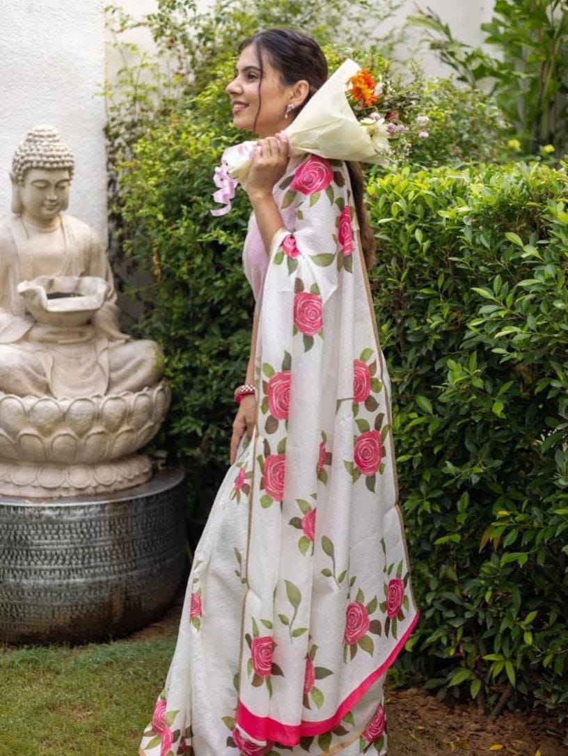 Pink Flower Design Linen Cotton Saree