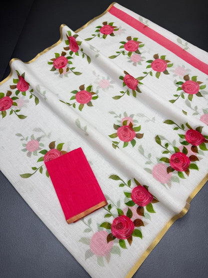 Pink Flower Design Linen Cotton Saree