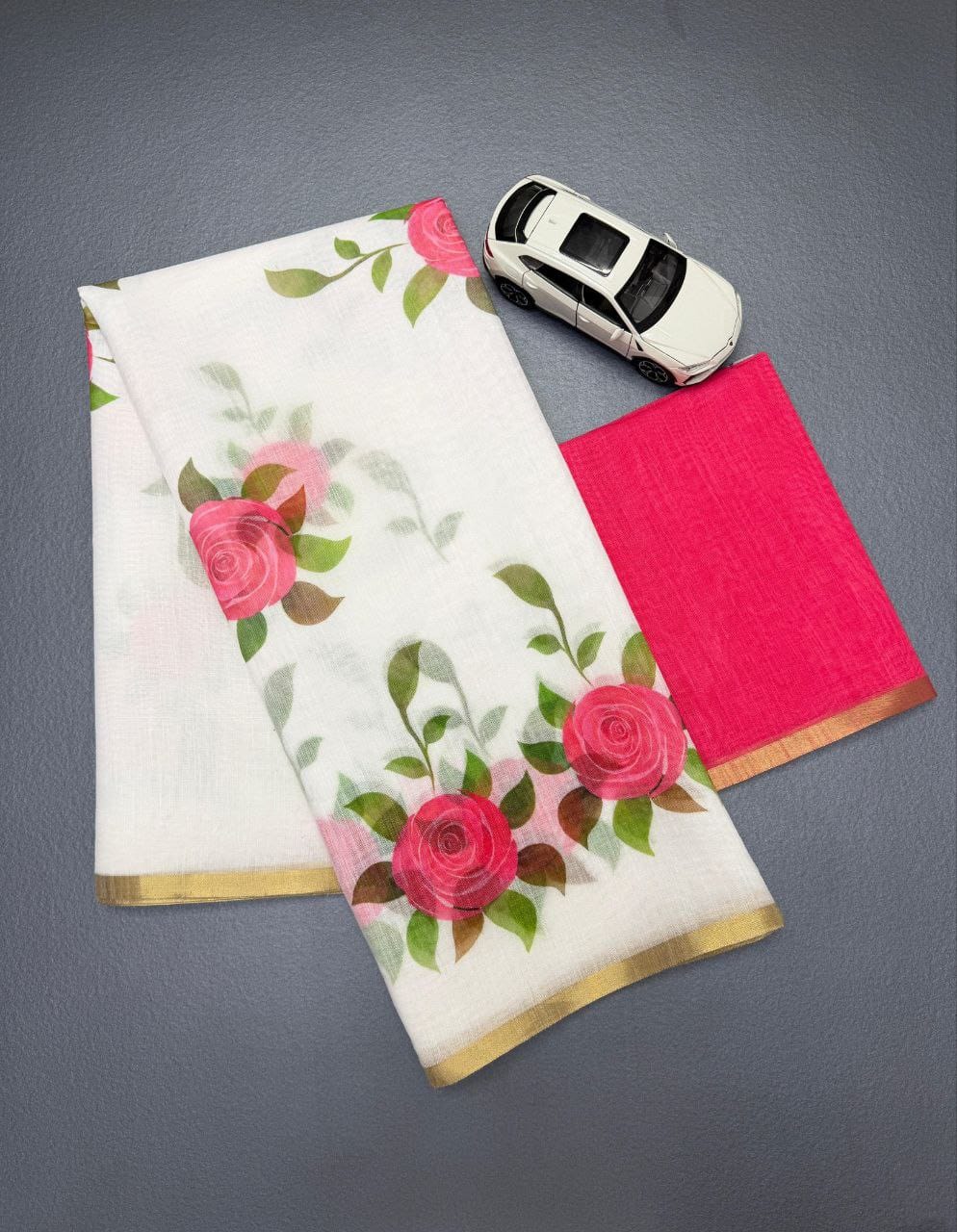 Pink Flower Design Linen Cotton Saree