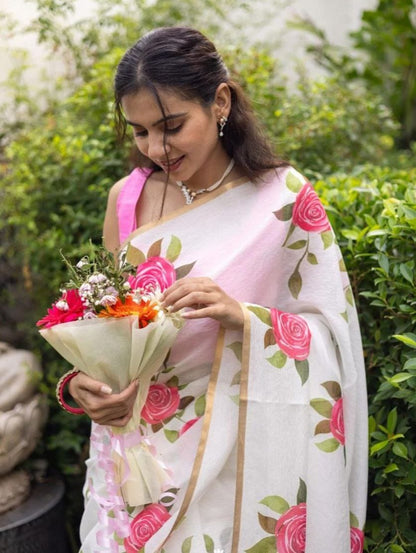 Pink Flower Design Linen Cotton Saree