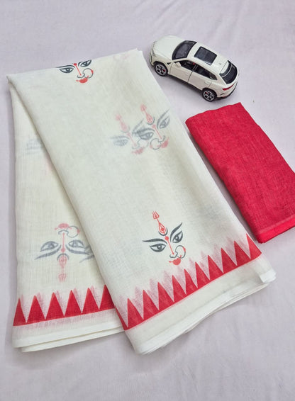 Durga Puja Design Linen Cotton Saree