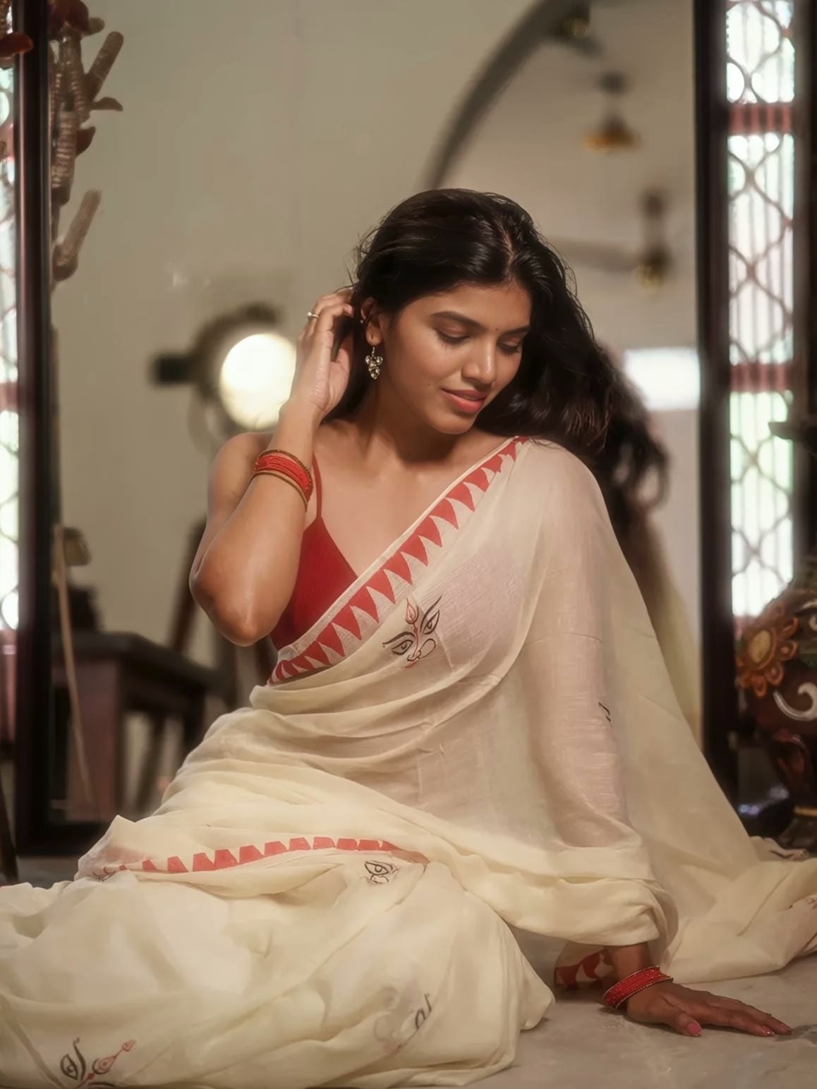 Durga Puja Design Linen Cotton Saree
