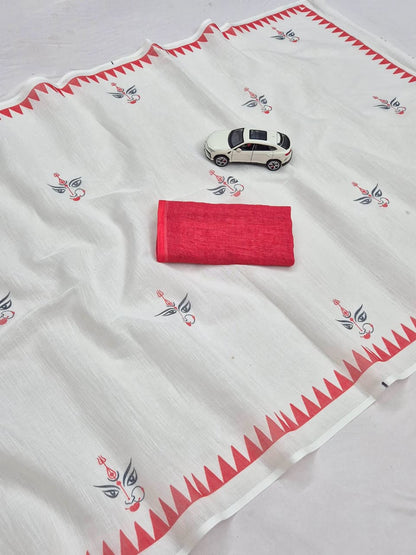 Durga Puja Design Linen Cotton Saree