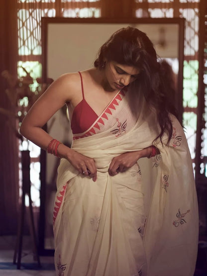 Durga Puja Design Linen Cotton Saree