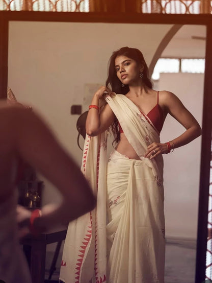 Durga Puja Design Linen Cotton Saree