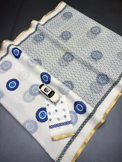 Soft Linen Cotton Blue Abstract Print & Contrast Border