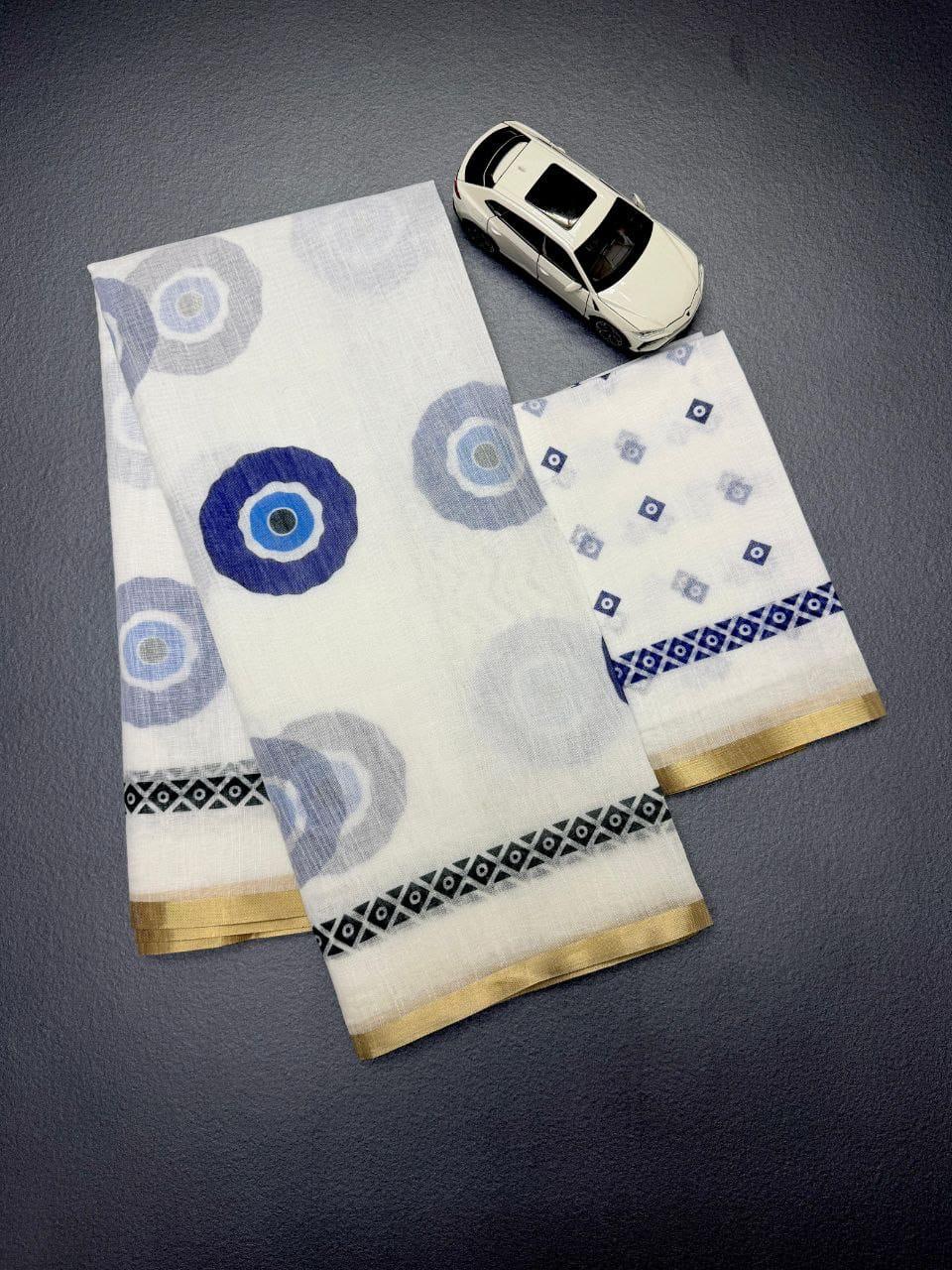 Soft Linen Cotton Blue Abstract Print & Contrast Border