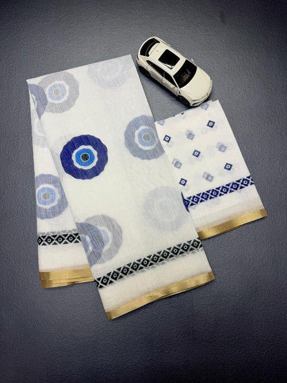 Soft Linen Cotton Blue Abstract Print & Contrast Border