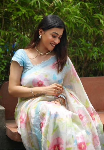 Pastel Floral Linen Saree with Soft Watercolor Print