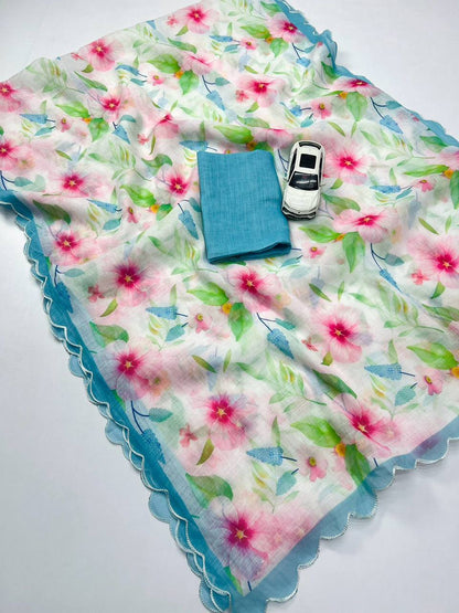 Pastel Floral Linen Saree with Soft Watercolor Print