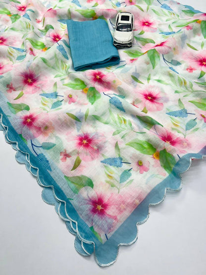 Pastel Floral Linen Saree with Soft Watercolor Print