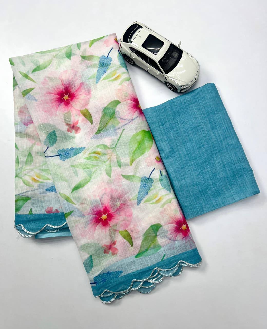 Pastel Floral Linen Saree with Soft Watercolor Print