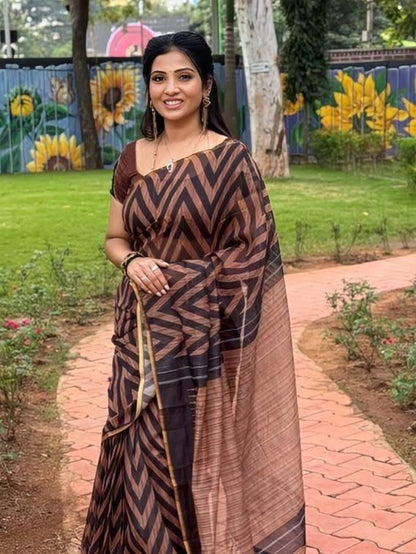 Brown Lining Design Linen cotton Saree