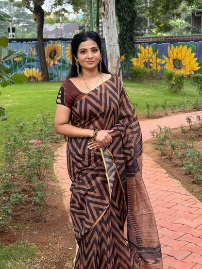 Brown Lining Design Linen cotton Saree