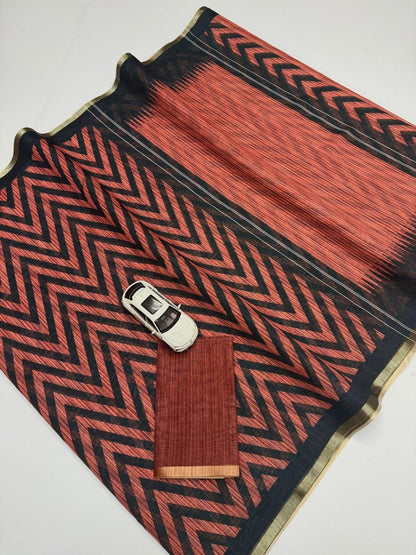 Brown Lining Design Linen cotton Saree