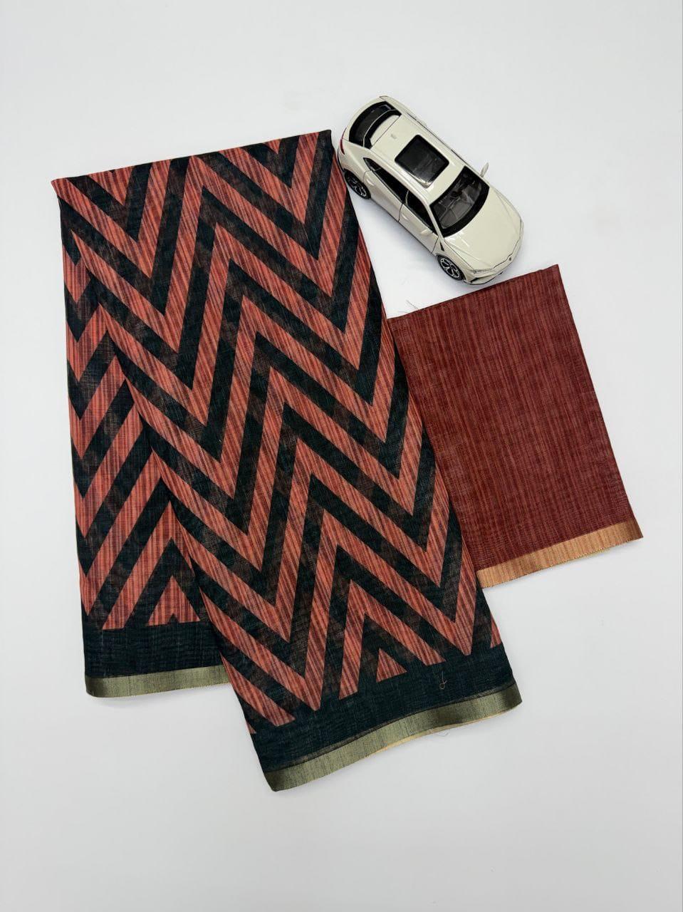 Brown Lining Design Linen cotton Saree