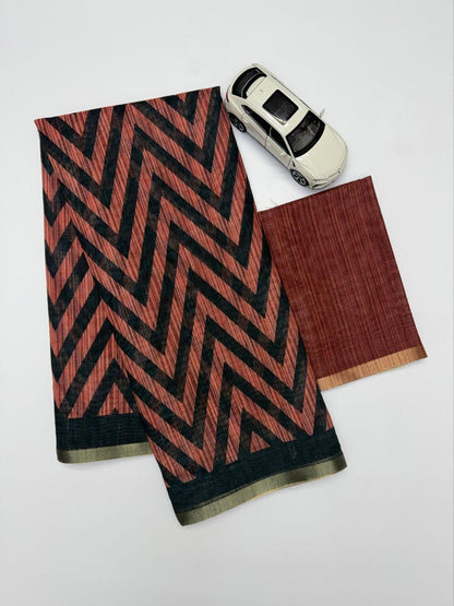 Brown Lining Design Linen cotton Saree