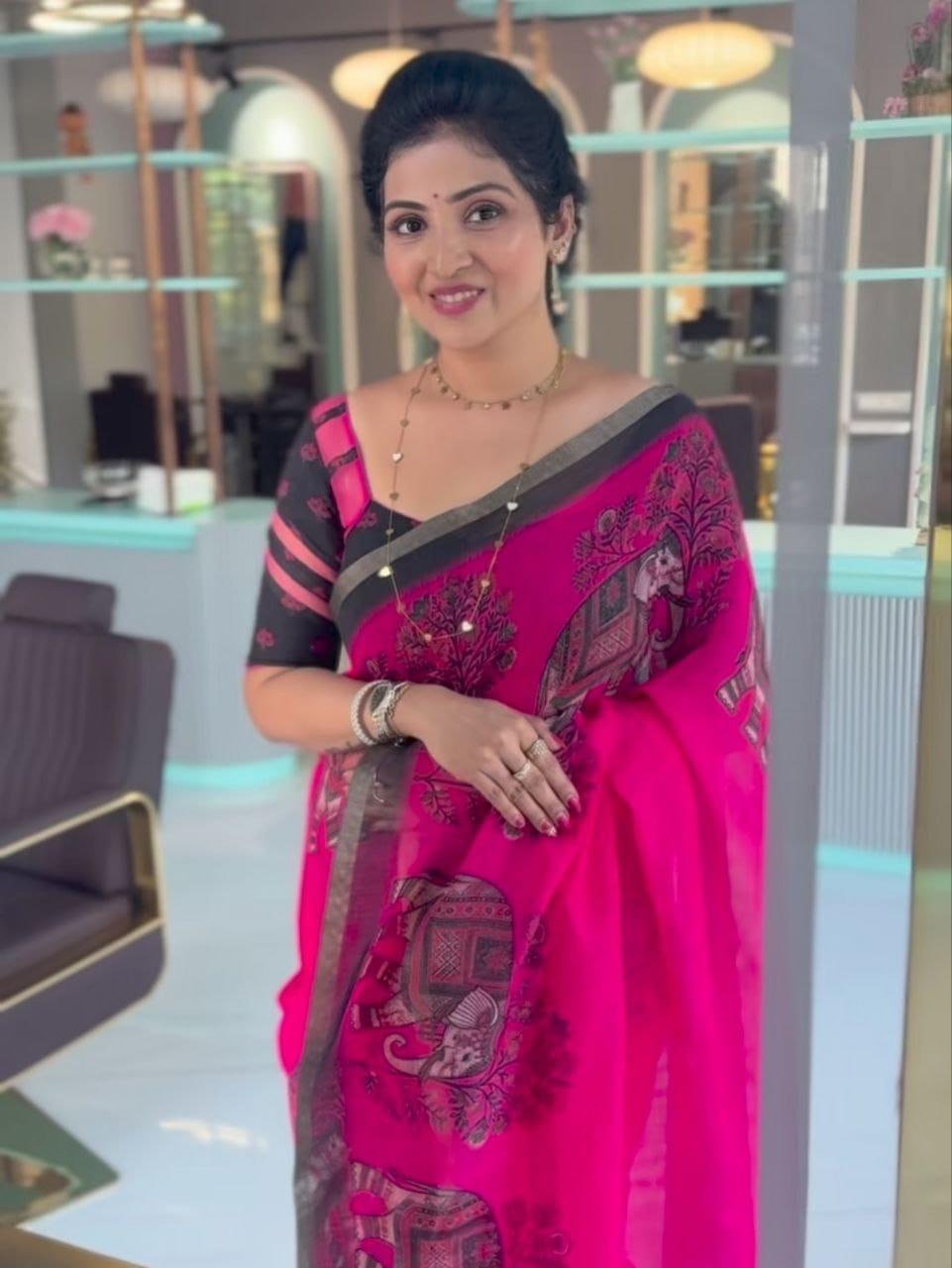 Rani PInk Elephant DEsign Linen Cotton Saree