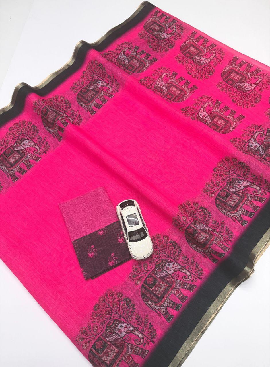 Rani PInk Elephant DEsign Linen Cotton Saree