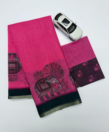 Rani PInk Elephant DEsign Linen Cotton Saree