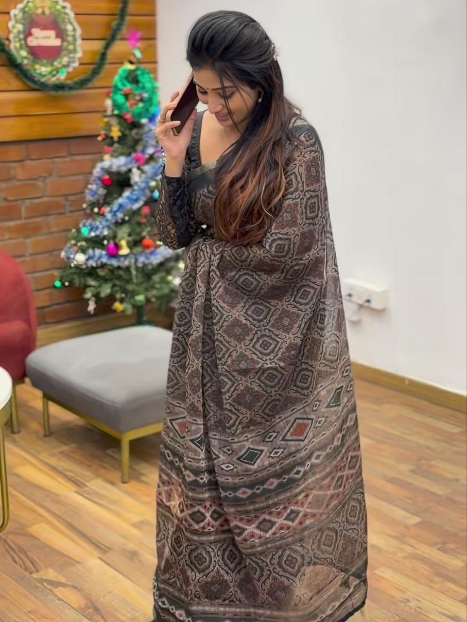 Soft Linen Cotton Coffee And Black Saree