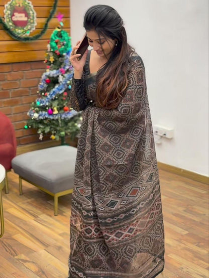 Soft Linen Cotton Coffee And Black Saree
